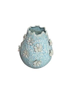 Vintage Late 20th Century Blue Floral Aqua Appliqué Ceramic Glazes Vase